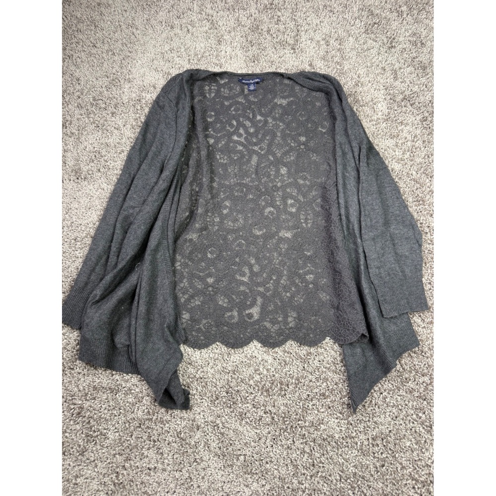 American Eagle Gray Lace Back Cardigan Sweater Womens Large Scalloped Hem Grey